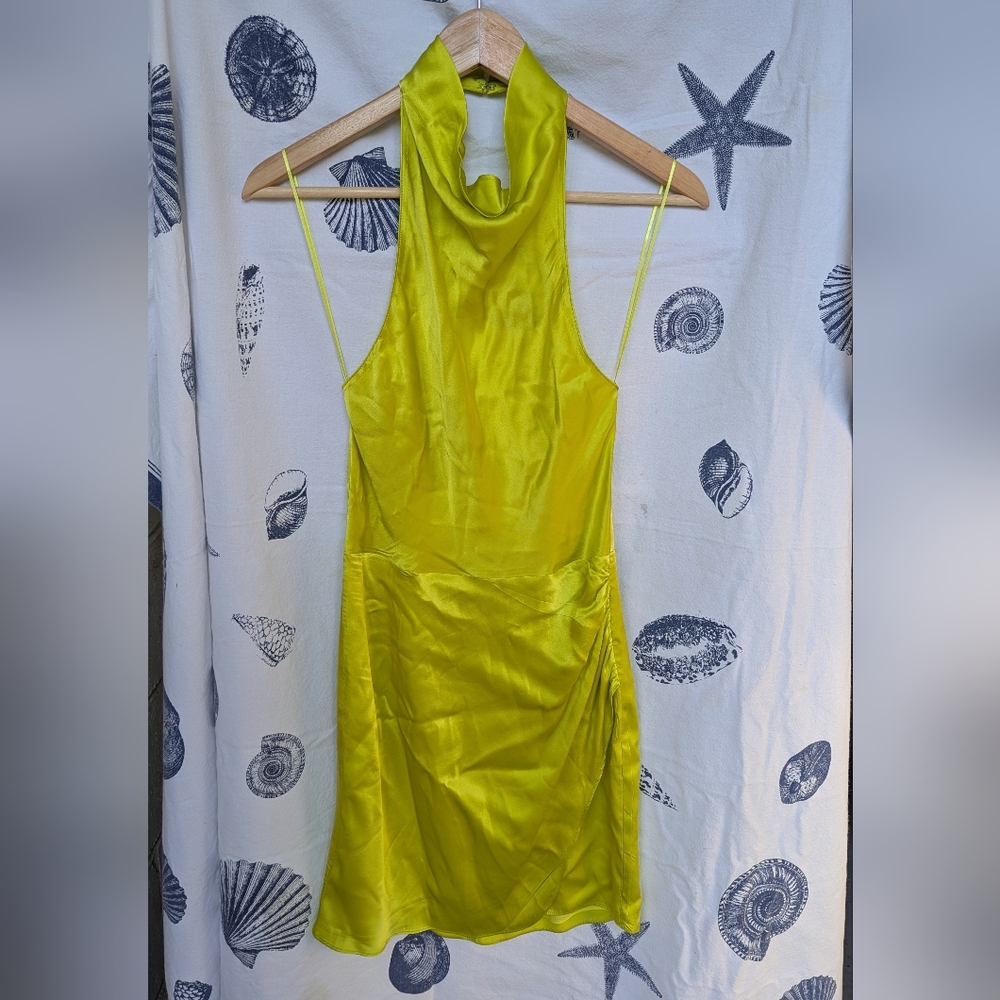 Amanda Uprichard Joanne Silk Halter Neck Mini Dress In Lime 🍋‍🟩 Size S